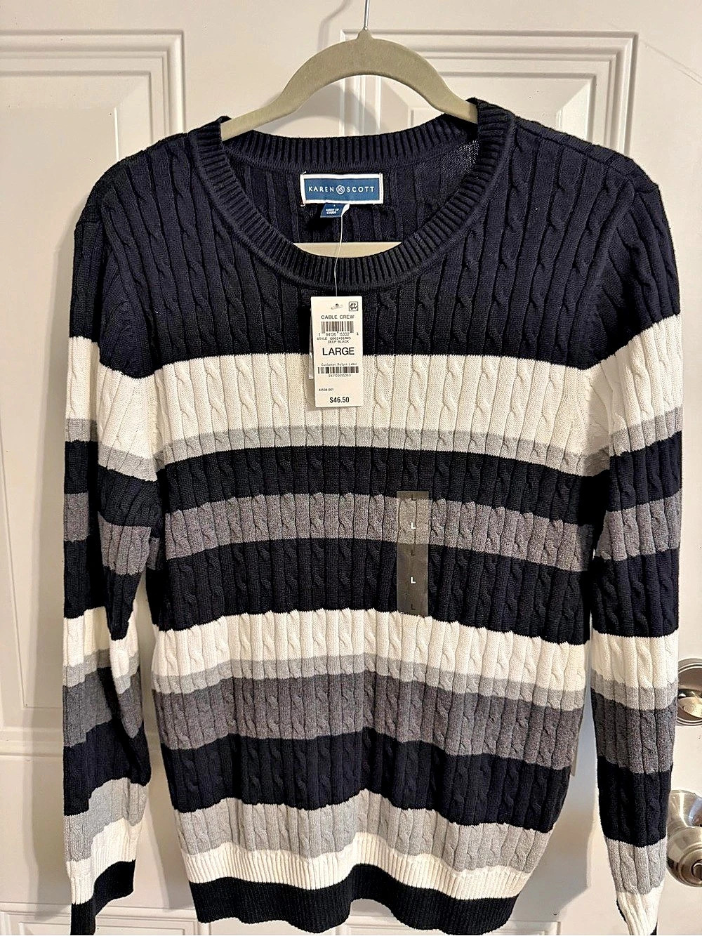 Karen Scott Cable Crew Striped Cotton Sweater Black & Gray Large NWT